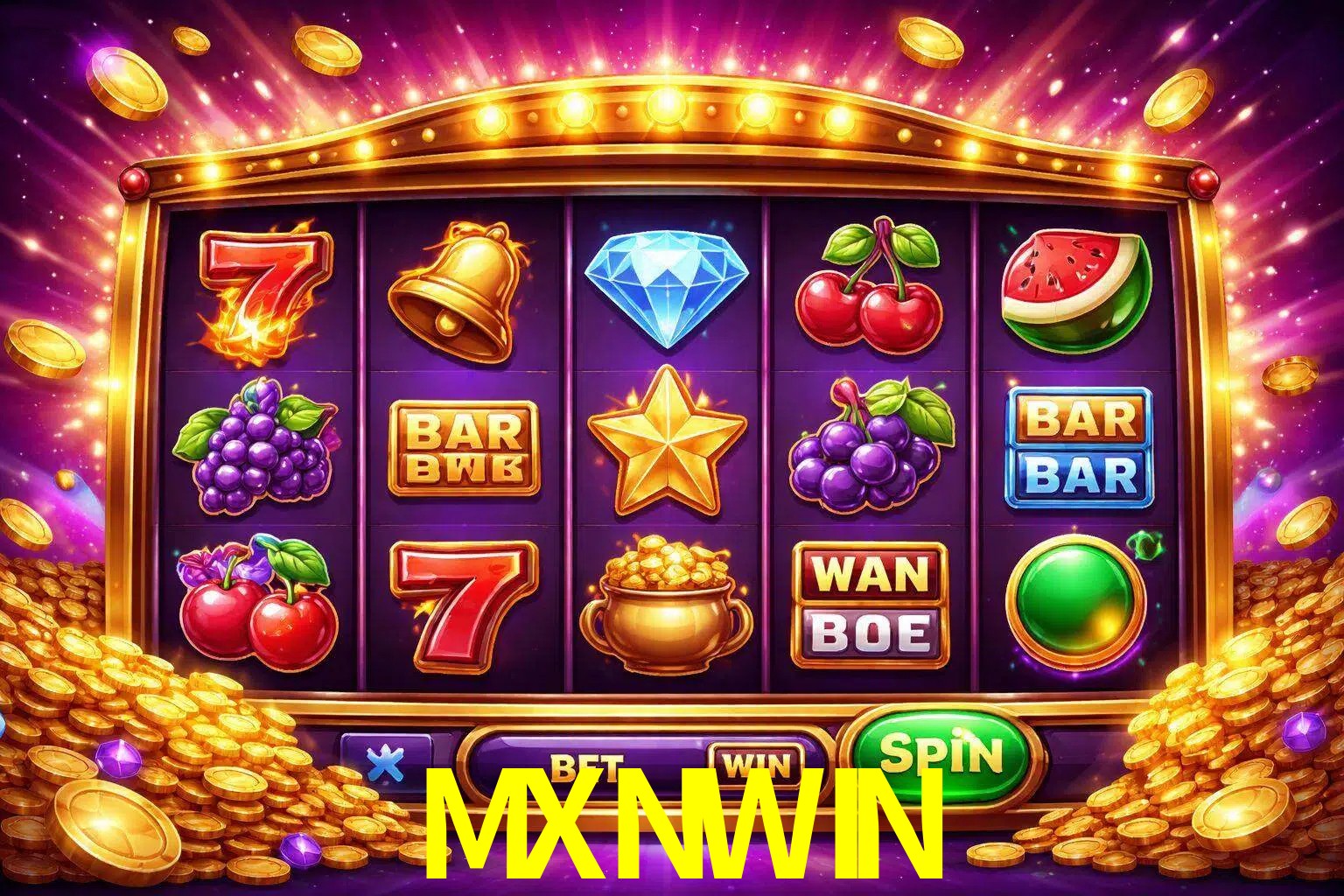 Una interfaz colorida de tragamonedas en línea con símbolos brillantes, monedas y un efecto de victoria celebratoria en MXNWIN.