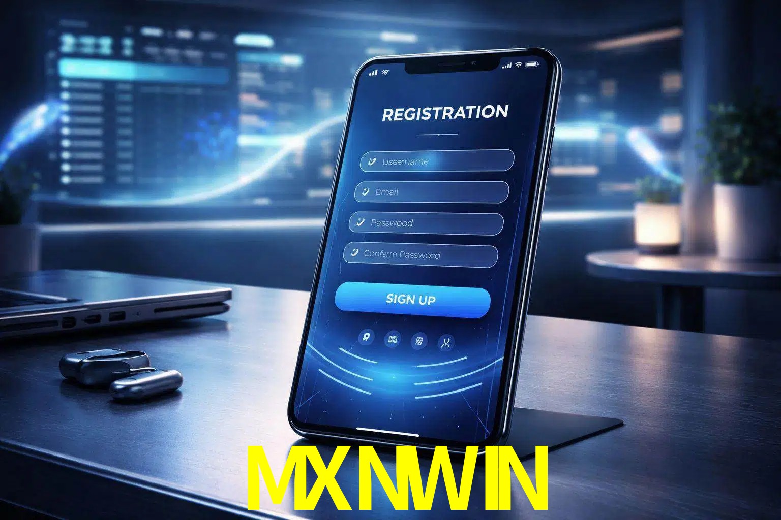 Una interfaz moderna de registro móvil para MXNWIN mostrada en un smartphone con un panel de apuestas elegante.